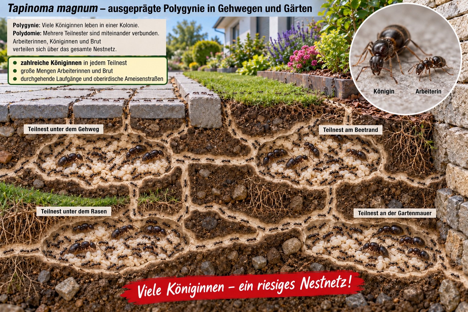 Tapinoma magnum: ausgeprägte Polygynie in Gehwegen und Gärten